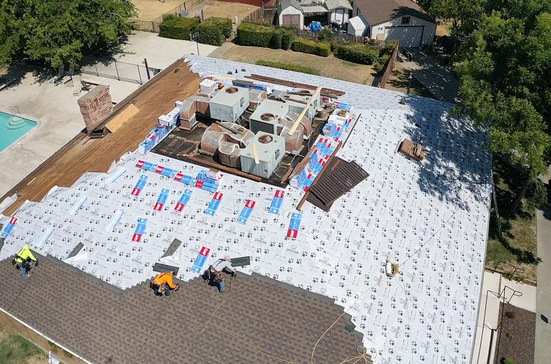 Aerial view of a reroof in progress for roof repair in Citrus Heights CA